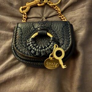 See by Chloé Navy Leather Keychain Coin Pouch with Gold Hardware